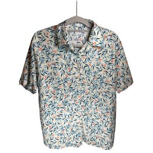 HT Mens Tropical Floral Leaf Print Short Sleeve Button Up Shirt XL Hawaiian Vibe